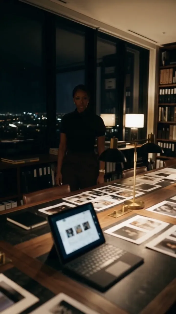 Ri Michelle at a nighttime desk covered in printed photographs in a dark editorial office