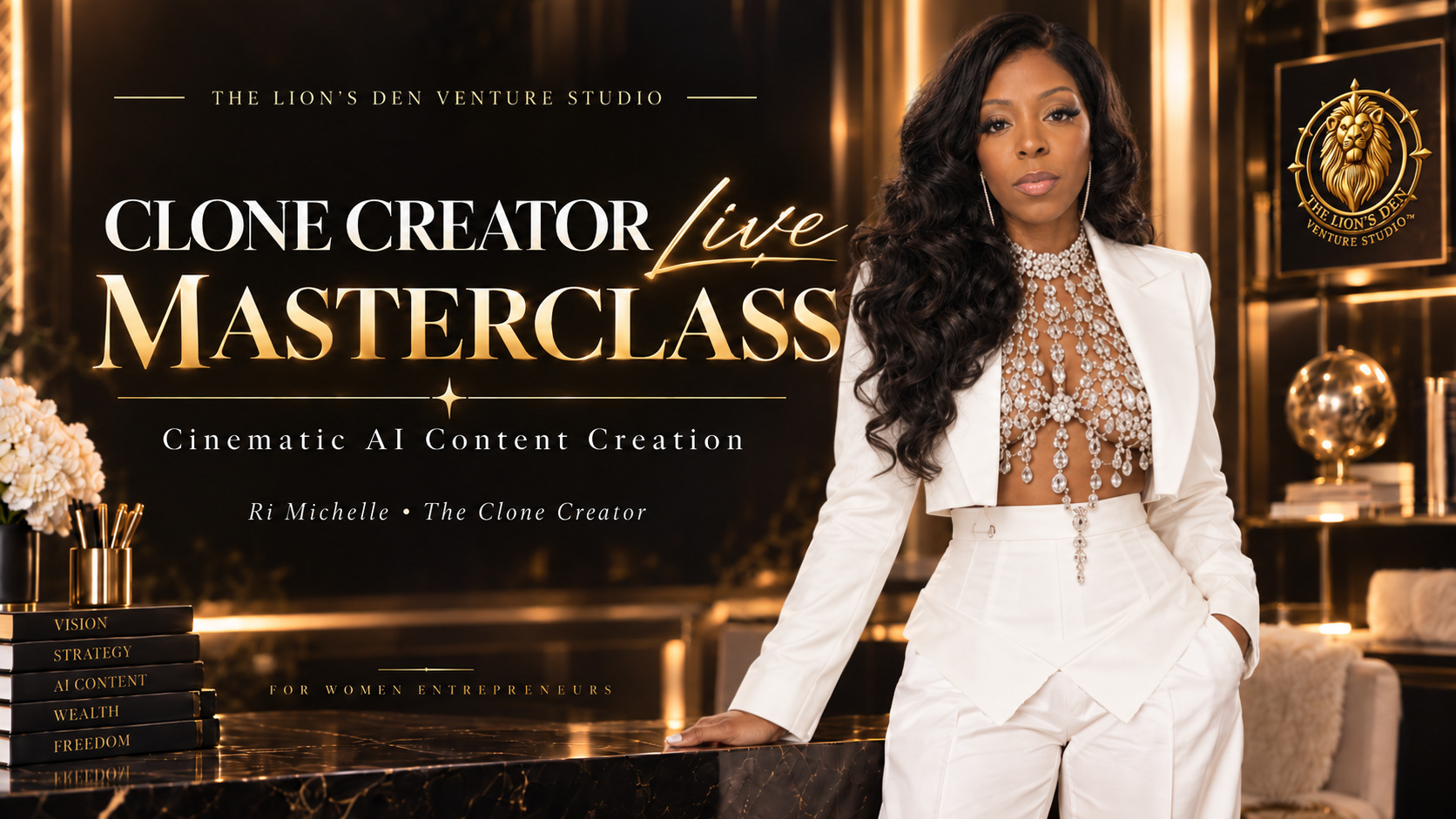 Ri Michelle, The Clone Creator, standing in a white couture suit in a gold-lit studio beneath the Clone Creator Live Masterclass title